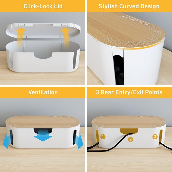D-Line Cable Management Box with 6 AC Outlet 6ft Power Strip, Hide Extension Cords and Excess Wire Clutter, 12.75in (L) x 5in (H) x 4.5in (W) - Small, White with Wood-Lid