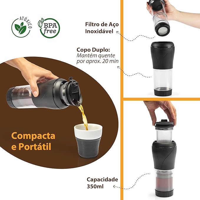 Pressca - Portable Coffee & Tea Maker - Thermal Coffee & Tea Infuser, French Press, Single Serve Coffee Maker, BPA Free - Home & Kitchen Accessories & Utensils - 12 fl oz, Red