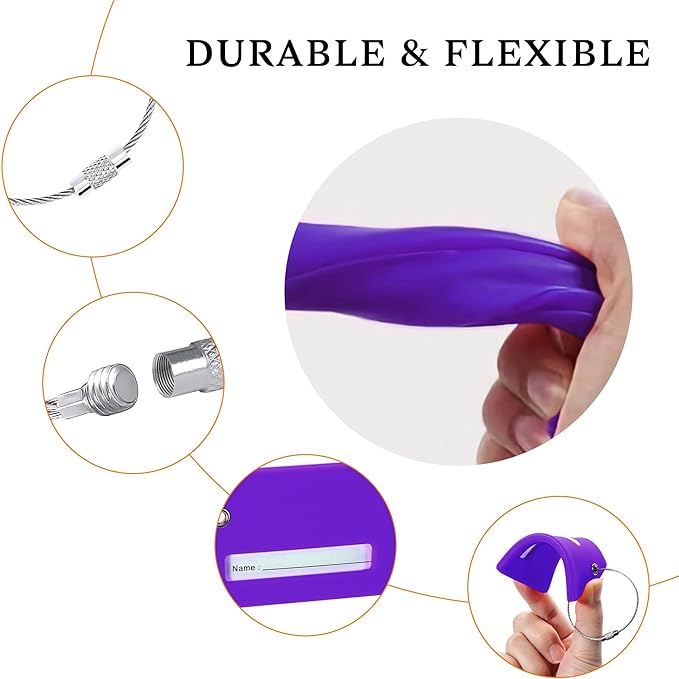 10 Pack Silicone Luggage Tag for Suitcases with Stainless Loop, TSA Approved, Privacy Protection Travel Essentials Bag Tags by Gostwo, Purple