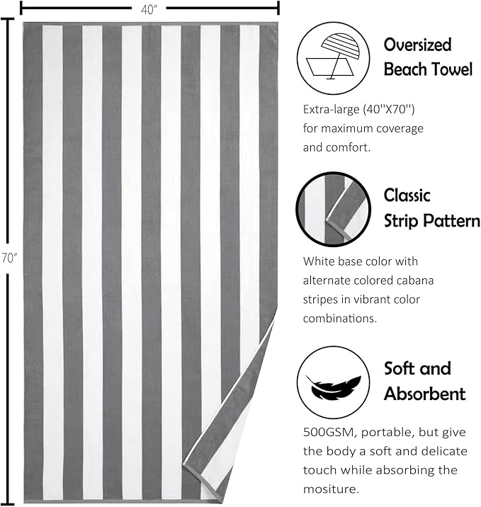 Bornbay Large Beach Towel Oversized - 40"X70" Big Mens Beach Towesl, Extra Large Thick Gray Beach Towels, XL Wide Fluffy Swimming Towel Oversize, Giant Stripe Cotton Pool Towel for Adults