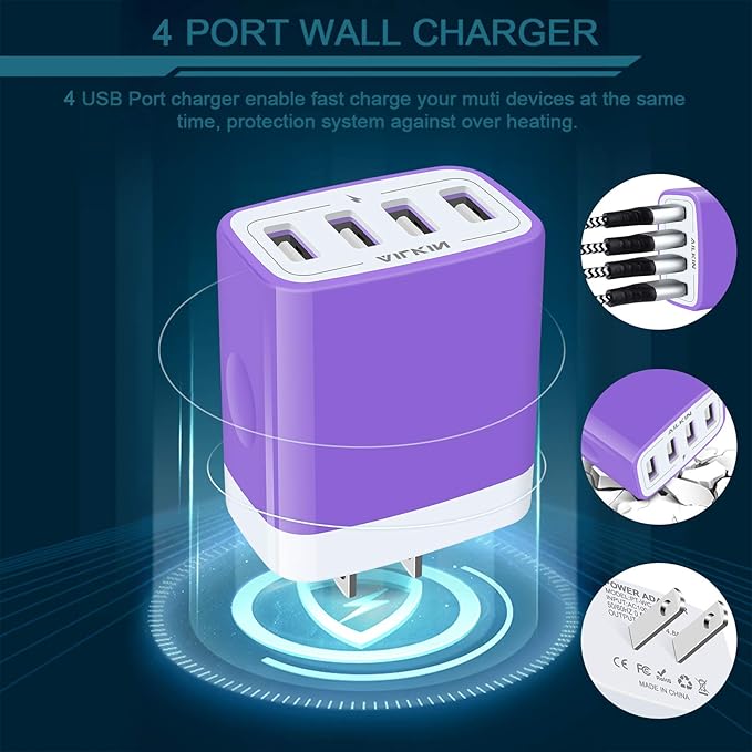 Wall Charger, USB Charger Adapter, AILKIN 4.8A 4Multi Port Fast Charging Station Power Base Block Plug Cube Brick for iPhone, iPad, Samsung Galaxy, Moto, Google Pixel, Kindle Fire Plug Cargador Carro