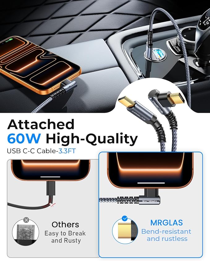 MRGLAS 90W Fast iPhone 17/16 Car Charger, USB C Car Charger with Type C Cable, PD45W & QC45W, Flush Fit, All Metal, Cigarette Lighter RV Power Adapter for iPhone 17 16 Samsung S26 S25 Ultra Pixel 10