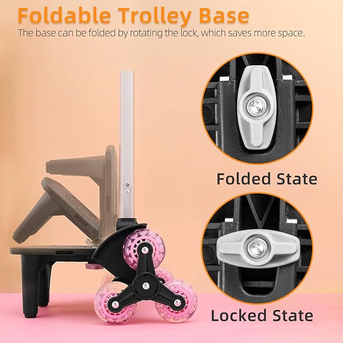 Lightweight Foldable Backpack Trolley – Black 3-Wheel Rolling Hand Truck with Strap, Portable Folding Cart for Backpack, Travel, Commuting, and Daily Utility Use