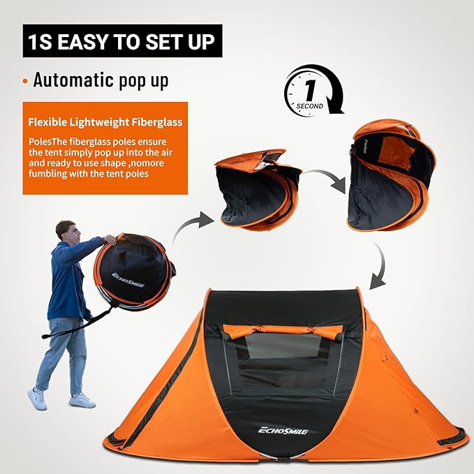 EchoSmile Pop Up Camping Tent, 2/4/6 Person Easy Setup Tent, Water Resistant Dome, Portable with Carry Bag