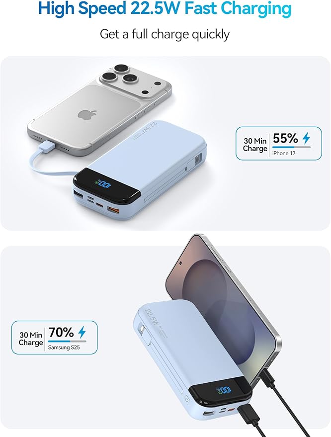 Portable Charger Power Bank 32000mAh with Built in Cables, PD3.0 USB C Fast Phone Charger, 5 Outputs LCD Display Travel Battery Pack Compatible with iPhone, Samsung All Cell Phones (Blue)