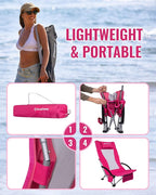 KingCamp Low Beach Chair, High Back Folding Camping Chair for Adults, Oversized Breathable Mesh Seat, 300lbs Heavy Duty Portable Chair with Cup Holder & Storage Pockets for Beach, Outdoor