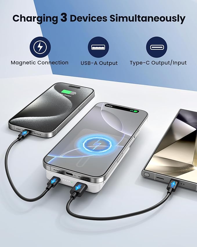 Magnetic Portable Charger Power Bank 12000mAh MagSafe Compatible Battery Pack 22.5W USB C Fast Charging Wireless Battery Pack Phone Charger for iPhone 17/16/15/14/13/12 All Series White