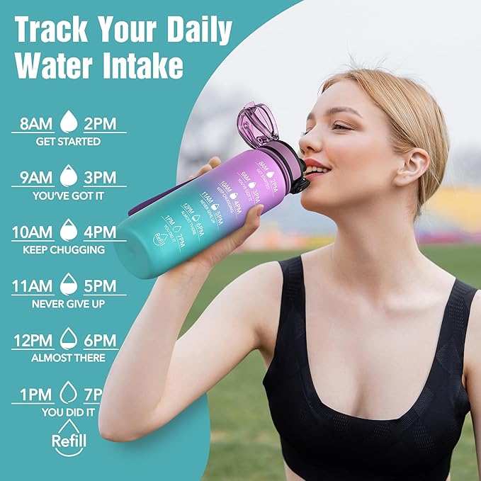 OLDLEY Water Bottle, 32oz Motivational Sports Water Bottle with Time Marker Times to Drink Tritan, BPA Free, Wide Mouth Leakproof, Anniversary Birthday Gifts for Men Women, Confectionery (1 Bottle)