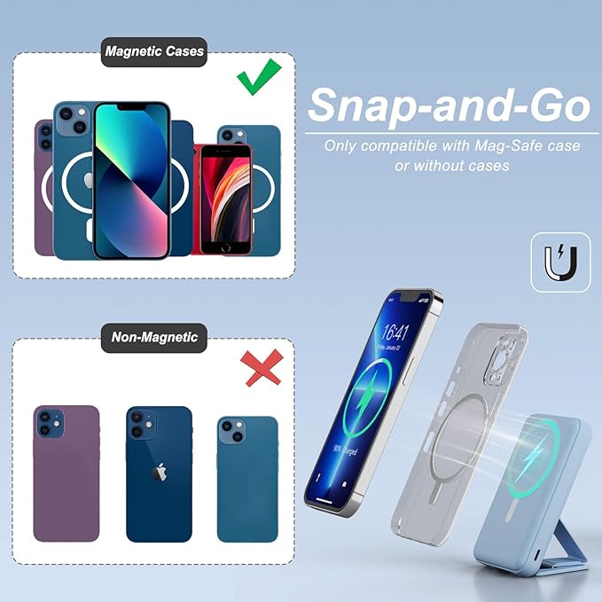 AOGUERBE for Magsafe Power Bank, 10000mAh Foldable Magnetic Battery Pack with LED Display, 3 in 1 Wireless Portable Charger with 22.5W Fast Charging for iPhone 17/16/15/14/13/12 Series-Light Blue