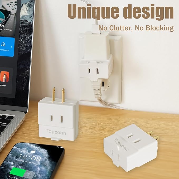 2-Prong to 2-Prong 3-Side Outlet Plug Splitter Converter - 5 Pack, Non-Ground Outlet for Old Home, Hotel, White