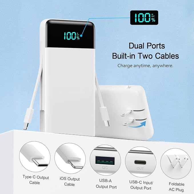Portable Charger with Built in Cables and Wall Plug, 13800mAh USB C Fast Charging Power Bank for Travel Essentials, LED Display Battery Pack Compatible with iPhones, iPad, Samsung More Devices(White)