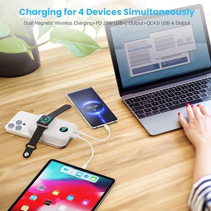 Pxwaxpy Magnetic Portable Charger 10800mAh,4-in-1 Power Bank with iWatch Charger, 25W PD Fast Charging USB C Battery Pack for Magsafe,iPhone 17/16/15/14/13/12 Series,Apple Watch (White)