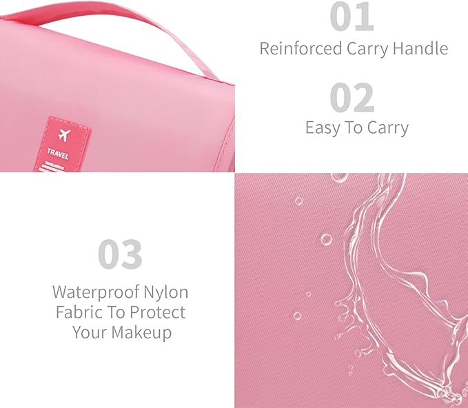 Lcsmaokin Large Capacity Toiletry Bag Travel Bag with Hanging Hook for Men and Women Waterproof Travel Cosmetic Bag Bathroom Storage Bag for Brushes Set, Full-Sized Shampoo,Accessories(Pink Stripe)