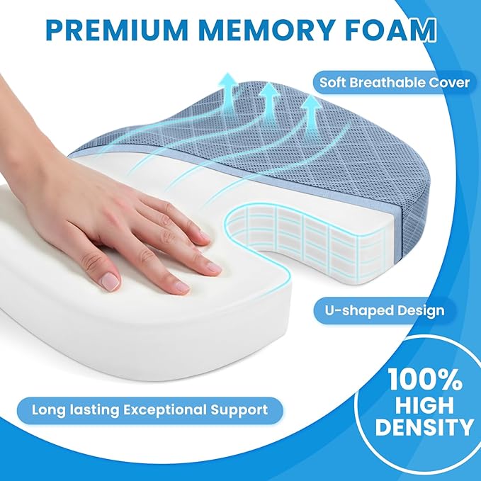 TushGuard Office/Car Seat Cushion, Non-Slip Sciatica & Back Coccyx Tailbone Pain Relief Chair Pad, Memory Foam Butt Pillow for Computer Desk, Wheelchair, Driving (Light Blue, XX-Large)