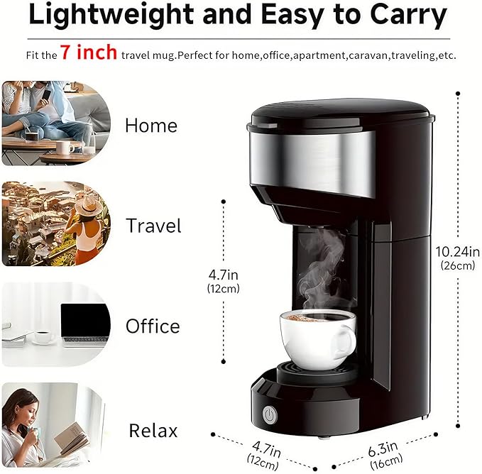 Single Serve Coffee Maker, 2 in 1 Brewer for K Pod & Ground Coffee, 90s Rapid Brew 6 to 14oz Capacities with Auto Shut Off, Small Compact Design for Home Office Travel Camping (Black)