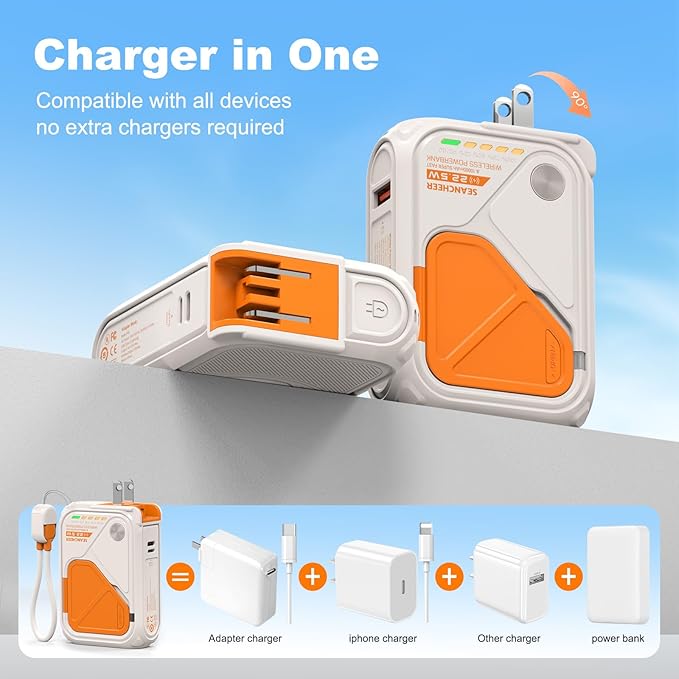 P05 Magnetic Portable Charger, 6-in-1 Power Bank with AC Wall Plug Built in Cable,10000mAh Wireless PowerBank Travel Essentials 22.5W Fast Charging for iPhone,Samsung,Andriod,Small Portable Charger