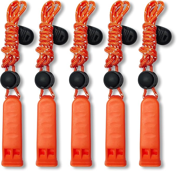 Amzonly Emergency Whistle, 120db Safety Whistle Survival Shrill Loud for Camping Hiking Hunting Boating Fishing Life Vest Jacket Rescue Signaling Kids Lifeguard 5 Pack