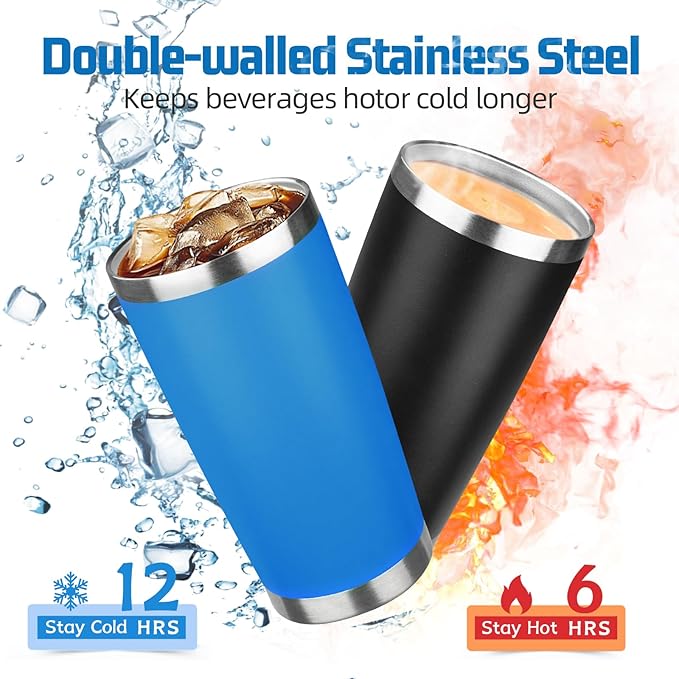 20 oz Tumbler with Lids and Straws, Stainless Steel Insulated Travel Coffee Mug, Double Wall Vacuum Insulated Tumblers, Powder Coated Coffee Tumbler for Cold & Hot Drinks (Sea Blue, 4 Pack)