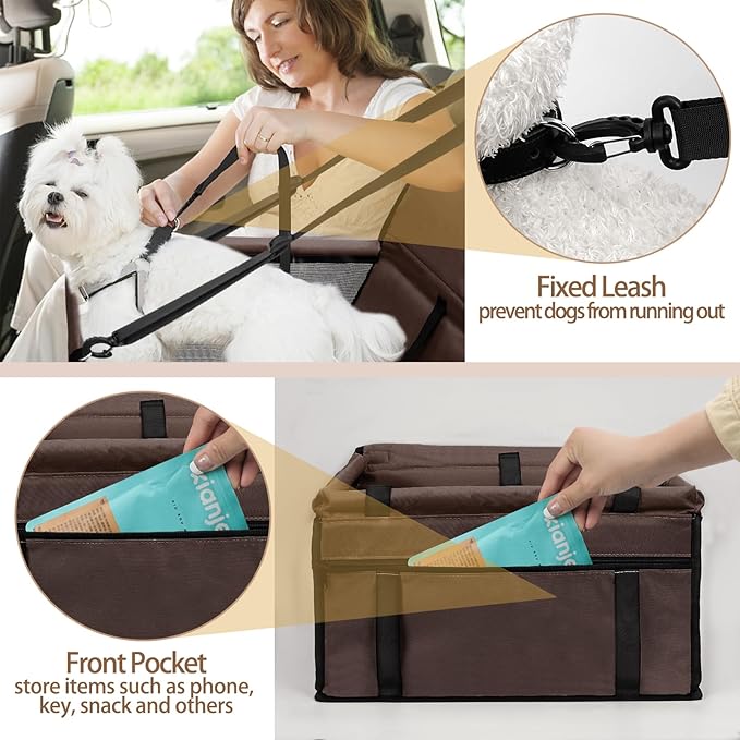 Dog Car Seat Foldable Dog Car Booster Seat Waterproof Breathable Oxford Travel Bag for Small to Medium Dogs, Puppies, and Pets-Pure Coffee