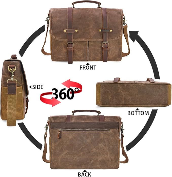 Mens Messenger Bag 15.6 Inch Waterproof Vintage Genuine Leather Waxed Canvas Briefcase Large Leather Computer Laptop Bag Rugged Satchel Shoulder Bag, Brown