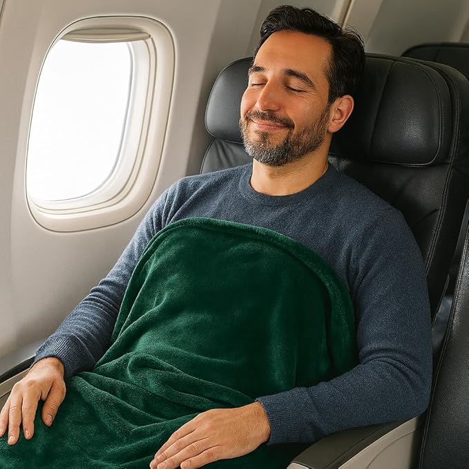 Comfort Fly Travel Blanket & Pillow – 2-in-1 Micro Plush Airplane Blanket with Carry Case (40" x 70") - Green