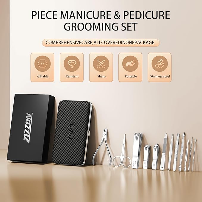 ZIZZON Manicure, Pedicure Kit, Nail Clippers Set of 12Pcs, Professional Grooming Kit, Nail Tools with Luxurious Travel Case Black