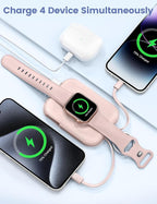 RORRY CharmGo Portable Charger, 5000mAh Portable Charger Power Bank with Built-in Cables, Travel Keychain Battery Pack for Apple Watch and iPhone Air/17/16/15/14/13/12, Pink