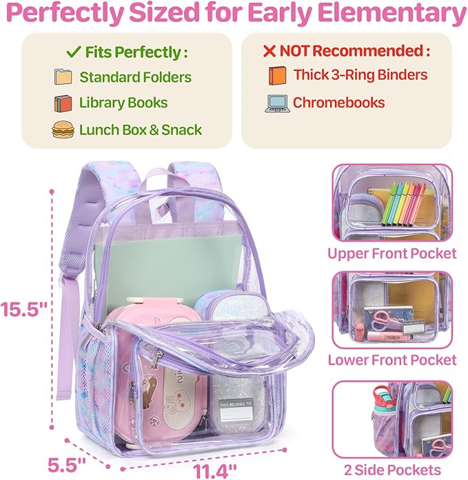Bagseri Clear Backpack for Girls - 15 Inch Heavy Duty Kids Clear Bookbag for Kindergarten to Grade 2, Transparent School Bag with Reflective Strip, Fits Folders, Purple Tie-dye