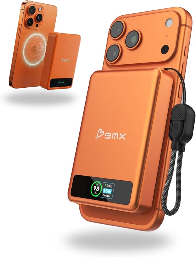 10K Magnetic Power Bank, Orange, Qi2 Certified 15W Wireless Charger, LCD Display, Solid-State Battery for Safer Travel, Ultra-Slim USB-C Fast Charging Portable Charger for iPhone 17/16/17