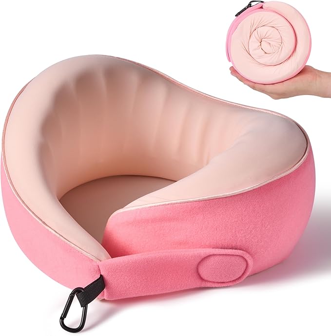 KPNEOL Travel Pillow, 100% Pure Memory Foam Travel Neck Pillow Airplane Neck Support Ergonomic Design for Traveling Suitable for Airplanes,Offices and Cars-Cooling Silk Pink