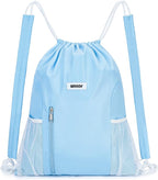 WANDF Drawstring Backpack with Shoulder Pad Sports Gym Backpack with Mesh Pocket String Bag for Women Men(Blue)
