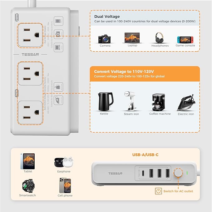 TESSAN Voltage Converter US to Europe, 220 to 110 Voltage Converter, Universal Travel Adapter with 4 USB Ports (1 USB C), 3 AC and EU UK AU IT in ZA Plug Power Adapter, Step Down Transformer, 4 FT