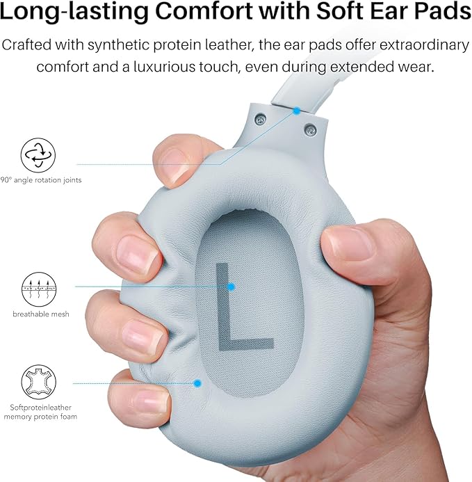TOZO Hybrid Active Noise Cancelling Headphones, Wireless Over Ear Bluetooth Headset, 60H Playtime, Hi-Res Audio Custom EQ via App Deep Bass Comfort Fit Ear Cups, for Home Office Travel Blue