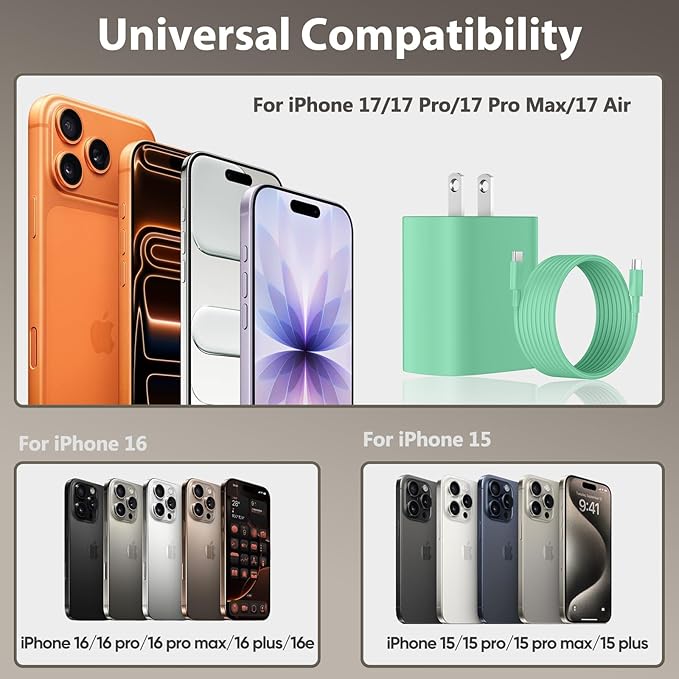 Phone 17 16 15 Charger Fast Charging, 10 FT Long USB C Charger Cord with 20W Type C Fast Phone Charging Block forPhone 17/17 Pro/17 Pro max/Air/Phone 16 15 Pro Max Plus, iPad, Android,Green