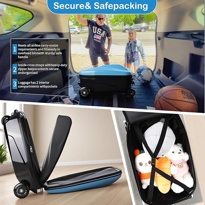 2-in-1 Ride-On Scooter Suitcase,Carry On Hardshell Ride On Suitcase Scooter for Kids Age 4-15, Multifunctional Ride On Lightweight Kids Luggage with Wheels(Size:Blue)