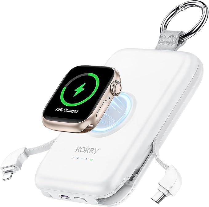 RORRY CharmGo Portable Charger, 10000mAh 20W Fast Charging Portable Charger Power Bank with Built in Cables, Travel Battery Pack for iPhone 17/16/15/14/13/12 and Apple Watch, Milk