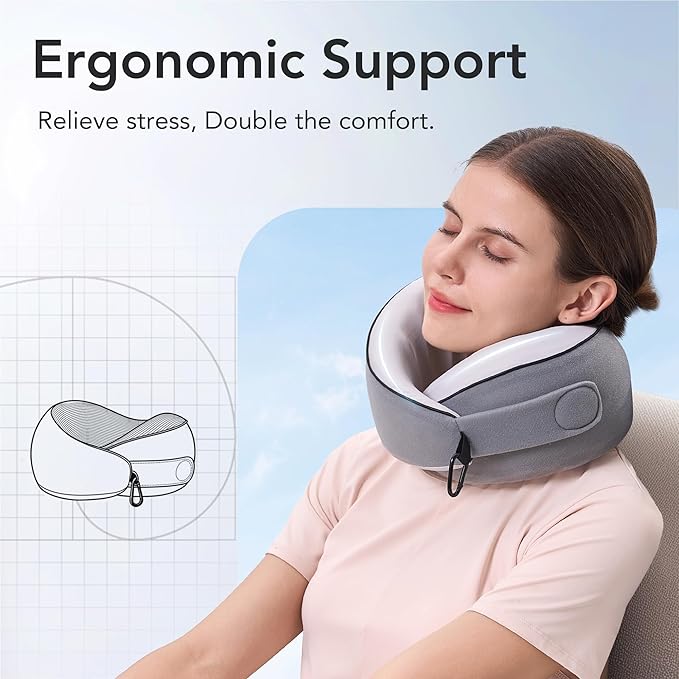 KPNEOL Travel Pillow, 100% Pure Memory Foam Travel Neck Pillow Airplane Neck Support Ergonomic Design for Traveling Suitable for Airplanes,Offices and Cars-Cooling Silk Grey Cover