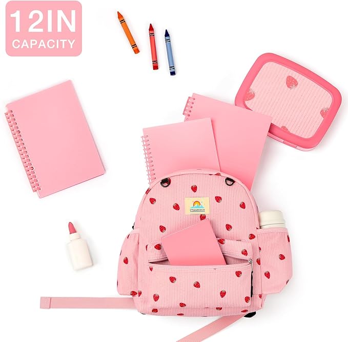 STEAMEDBUN Corduroy Toddler Backpack for Girls 2-4: Kids backpack for Boys Girls - 12 inch Preschool Kindergarten Backpacks - Strawberry