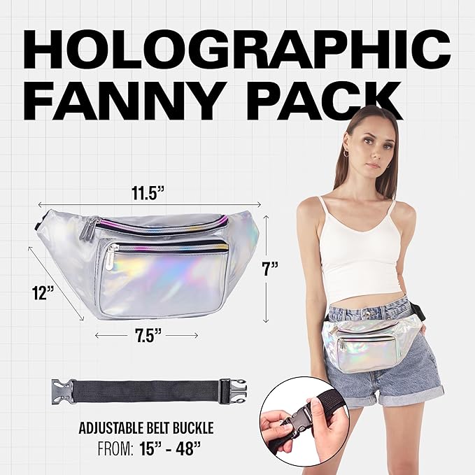 Holographic Fanny Pack Belt Bag | Waterproof Crossbody Bum Waist Pack - For Halloween, Rave, Hiking, Running, Travel (Silver)