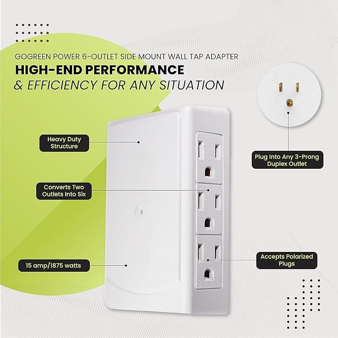 Go Green Power Inc. 6-Outlet Side Mount Wall Tap Adapter, White - Unique Space-Saving Design, Heavy Duty, Versatile - Perfect for Tight Spaces and Home Use - GG-16000TSM