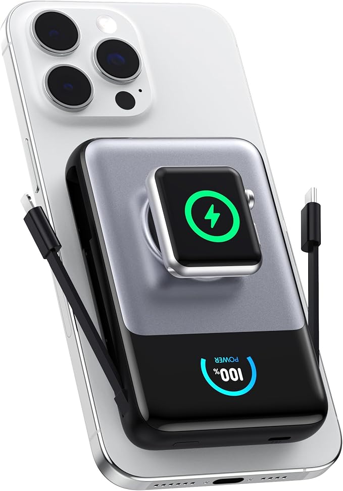 Magnetic Portable Charger 10800mAh with Built-in Cables, 15W Wireless Power Bank for Magsafe,30W PD Fast Charging USB-C Travel Essential Battery Pack for iPhone 17/16/15/14/13/12 Series