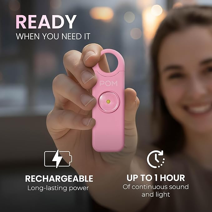POM Personal Safety Alarm for Women – 130dB Loud Emergency Siren, USB-C Rechargeable with Bright LED Flashlight, Portable Keychain Design for Self Defense, Purse, Backpack & Travel (Pink)