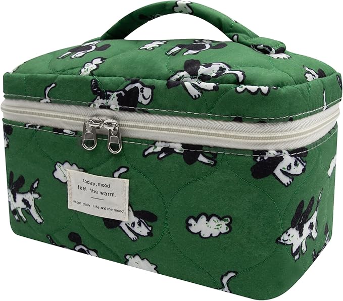 Gosect Large Makeup Bag, Cute Cosmetic Bag for Women Girls, Floral Coquette Aesthetic Toiletry Bag, Travel Make Up Organizer Bag (Green Dog Print