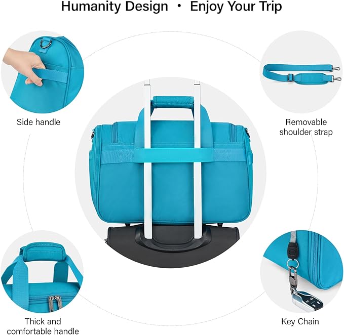 Hanke Small Travel Duffel Bag, Under Seat Carry On Personal Item Bag with 11 Pockets, Lightweight Water Resistant Foldable Weekender Bag with Trolley Sleeve for Travel Gym Daily Use（Caribbean Blue）
