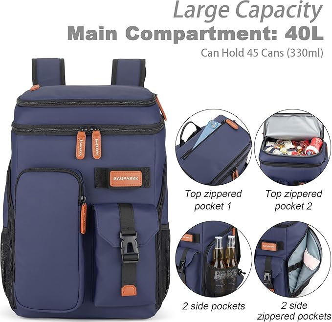 BAGPARKK Insulated Cooler Backpack,33/45 Cans Multifunctional Double Deck Leakproof Cooler Bag with Sternum Strap,Large Capacity Lightweight Travel Camping Beach Backpack