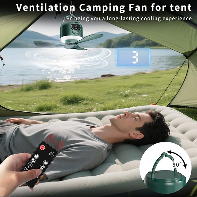 Wireless Portable Ceiling Fan with Remote, 3-Blade Design, 10040mAh Battery Operated, USB Rechargeable Hanging Fan with Hook for Tent, Camping, Outdoor, Type-C Rechargeable (Green)