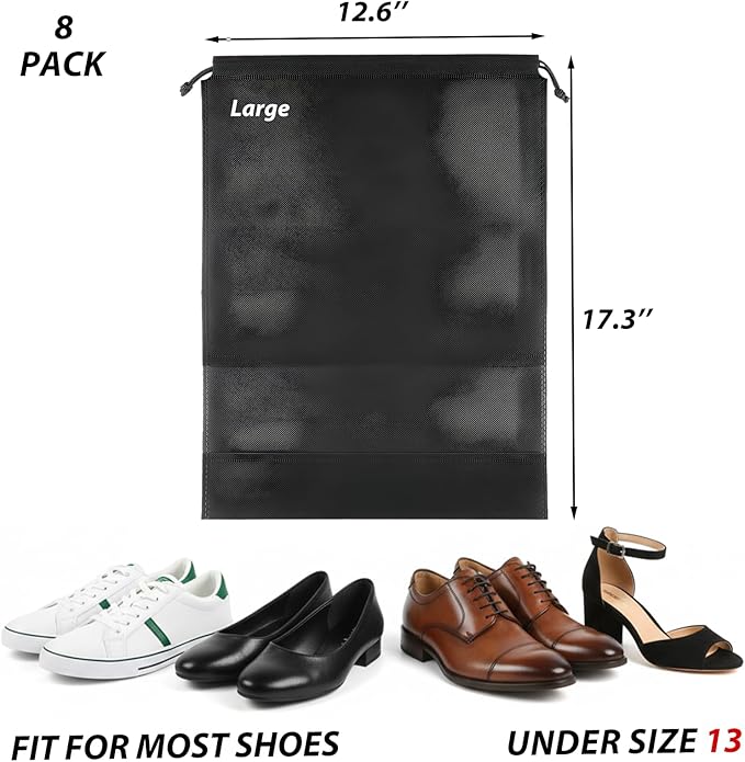 8 Pack Large Shoes Bag, Travek Shoes Bag Organizer for Home, Outdoor, Sports, Golf, Travel, Gem (Black)