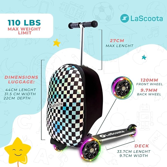Lascoota Scooter Suitcase - Ride Suitcase for Kids - Carry Luggage & Kid Scooter - Lightweight Luggage with LED Lights - Checkered, 24 x 15 x 19 in, Unisex Child