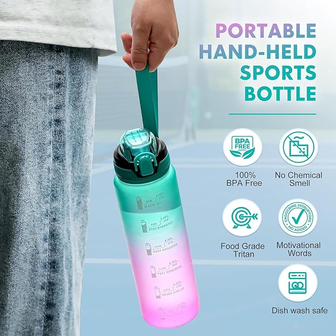 Water Bottle with Straw 1L,Boys Water Bottles with Straw 1 Litre,Waterbottle Leak-Proof Sports Water Bottle,Plastic Drinks Bottles Toxin Free，Bpa-Free (Green Purple)