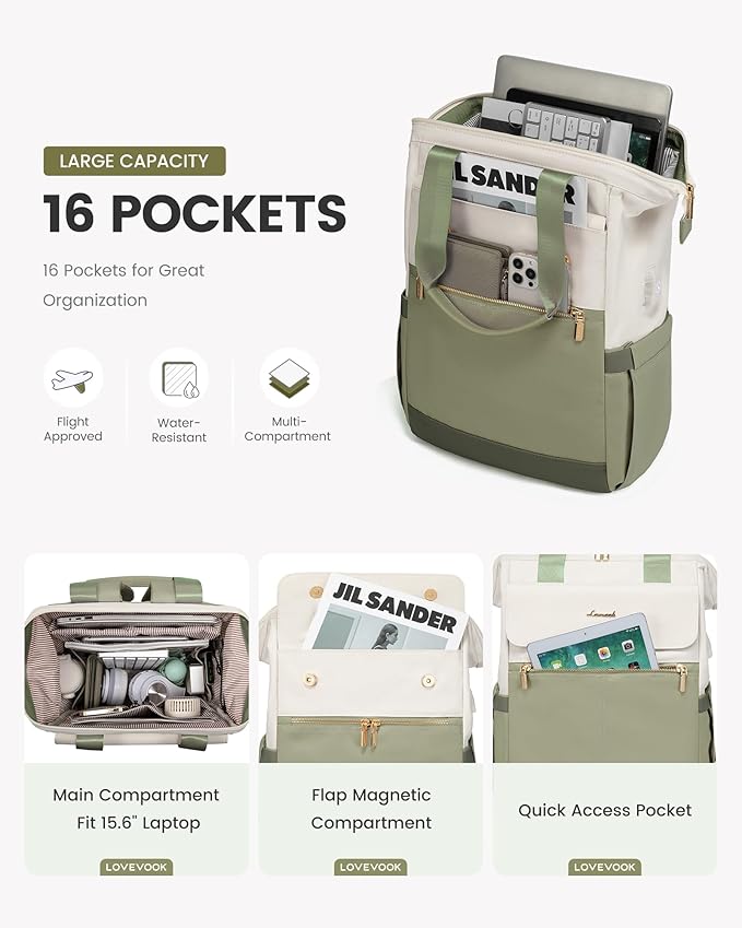 LOVEVOOK Laptop Backpack for Women, 15.6 Inch Work Laptop Bag with USB Port, Fashion Teacher Nurse Backpack Purse, Waterproof Travel Computer Backpack with Organizer Bag, 2PCS, Beige-Bean Green